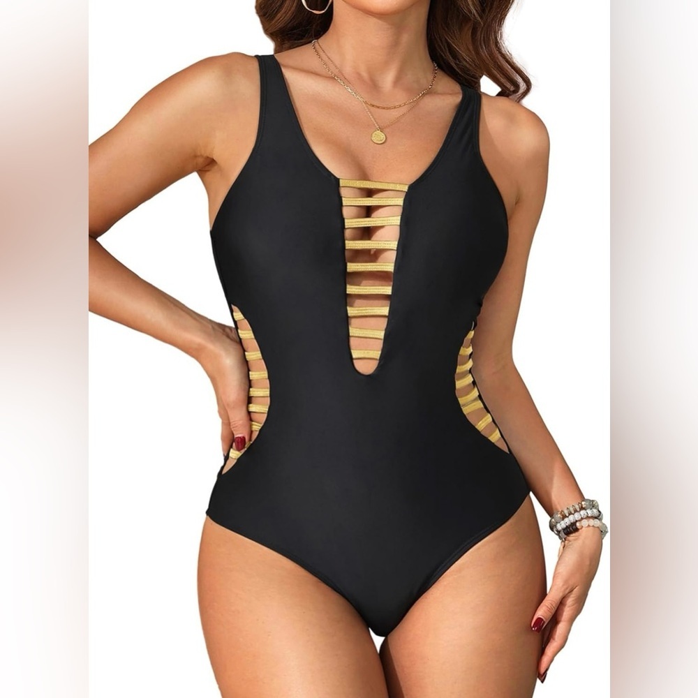 Aqua Eve Women Sexy One Piece Swimsuits Plunge Deep V Neck Cutout Bathing Suits